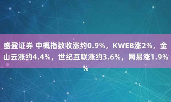 盛盈证券 中概指数收涨约0.9%，KWEB涨2%，金山云涨约4.4%，世纪互联涨约3.6%，网易涨1.9%